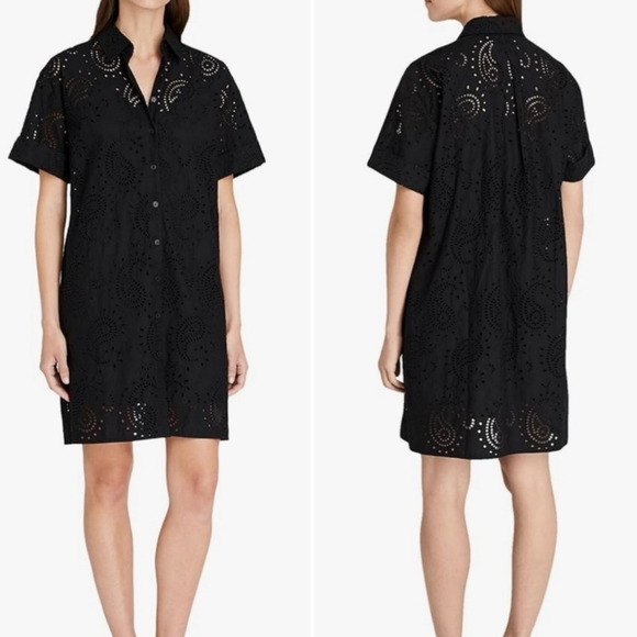 Club Monaco Cottagecore Black Cotton Eyelet Shirt Mini Knee Length Dress Sz S - Picture 1 of 12
